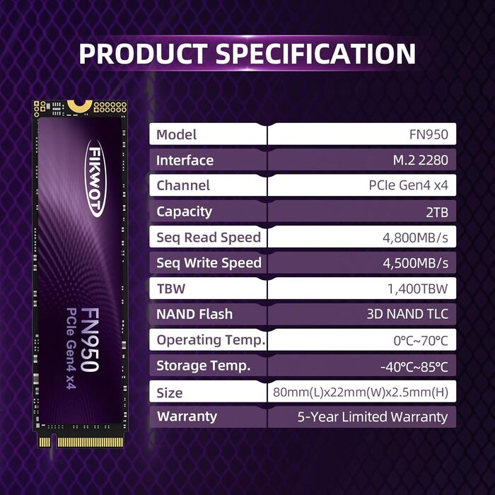 SSD накопичувач 2TB PCIe Gen4 M.2 з графеновим охолодженням - 7350 MB/s, динамічний SLC кеш, для ноутбуків та ПК