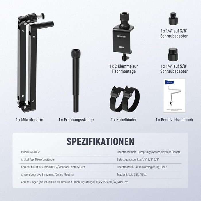 NEEWER MST002 Тримач для мікрофона з низьким профілем, регульований, з демпфером, для подкастів, ігор, стрімінгу, з кабелеуправлінням