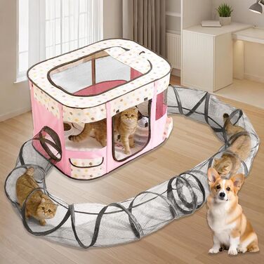 Клітка-забіг для цуценят, сіра, для дому, складна, портативна, прямокутна, для кошенят, цуценят, кроликів (L), рожева, з тунелем