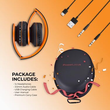 PowerLocus Бездротові навушники Over-Ear з Bluetooth, Hi-Fi стерео, FM радіо, Micro SD/TF, мікрофоном та зручними амбушюрами (Чорний/Помаранчевий)
