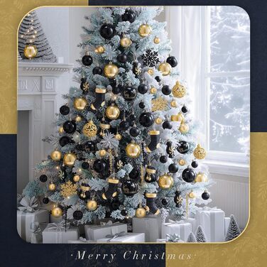 Набір прикрас на ялинку SOLEDI® 128 шт. Преміум якість, пластикові кулі білого кольору з зіркою на верхівку. Міцний та безпечний набір прикрас з підвісками. Різнокольорові ялинкові кулі, багаторазовий декор на Різдво (чорний)