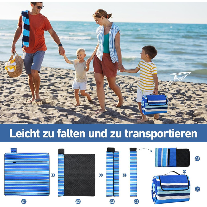 Водонепроникний плед для пікніка Boho 200x200см, XXL. Плед для пікніка, пляжу, кемпінгу, з бавовни, пісконепроникний, пральний, туристичний. Синій у смужку