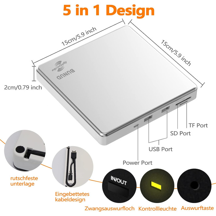 Зовнішній DVD-накопичувач BUNUD Lightscribe для Mac та Windows: USB 3.0 Type-C, DVD-записувач з картридером SD/TF та 2 USB-портами для MacBook, iMac, ноутбуків та PC