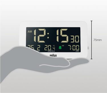 Braun Digital Alarm Clock with Date, Month, and Temperature Display, Negative LCD Display, Quick Set Function, and Gradual Alarm Sound in White, Model BC10W.
