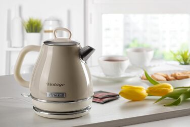Електричний чайник Ariete Vintage 2868, Бежевий, 1 літр, 1600W, з бездротовим основанням, автоматичне відключення, нержавіюча сталь