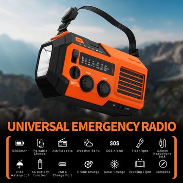 Радіоприймач FosPower NOAA/FM/AM з Power Bank 5200mAh, сонячною та ручною зарядкою, ліхтарик, SOS-сигнал - помаранчевий