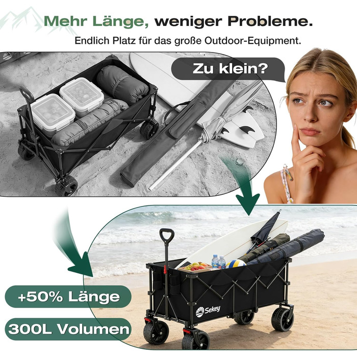 Вагон-тележка Sekey XXXL 300л, чорний. Складна, велика вантажопідйомність 200кг, широкі колеса для бездоріжжя, вантажопідйомність 200 кг.