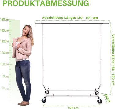 Стійка для одягу HOKEEPER для важких навантажень, до 181 кг, висувна штанга на колесах, міцна подвійна рейка, срібна (S001)