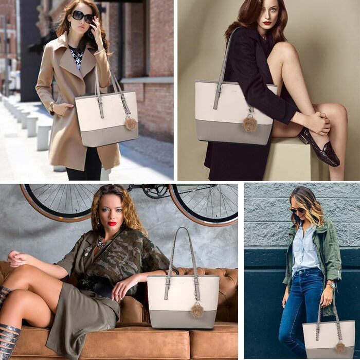 Сумка жіноча TANTOMI з гаманцем: велика сумка для офісу, школи, покупок, сіро-бежева з пензликами та пухнастим брелоком