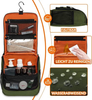 Чоловіча та жіноча дорожня косметичка Kulturbeutel Reise, водонепроникна, з гачком для підвішування, 7 відділень для кемпінгу та подорожей (зелена)