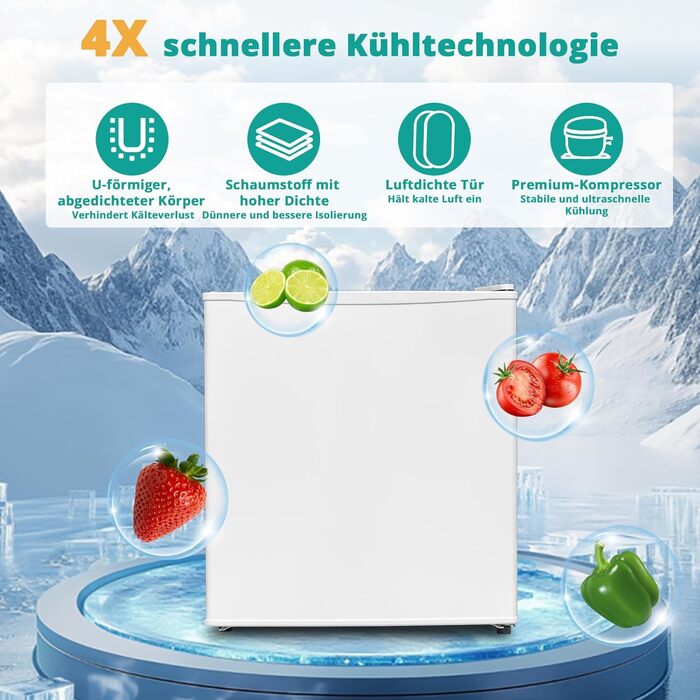 SMETA Mini-холодильник 48L з морозильною камерою, 230V, тихий настільний холодильник для офісу, кемпінгу, спальні та готелю з регульованим термостатом (6 ступенів), 39dB, 0-10℃