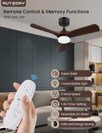 Дерев'яний стельовий вентилятор з підсвіткою, тихий DC-двигун, 90 см, для вулиці, 3 лопаті, диммування LED 24W, пульт з пам'яттю, 6 швидкостей, таймер, текстурована деревина