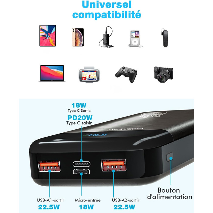 Портативний зарядний Power Bank 27000 mAh з LED дисплеєм, 3 виходами та 2 входами, 22.5W/PD20W, для зарядки смартфонів