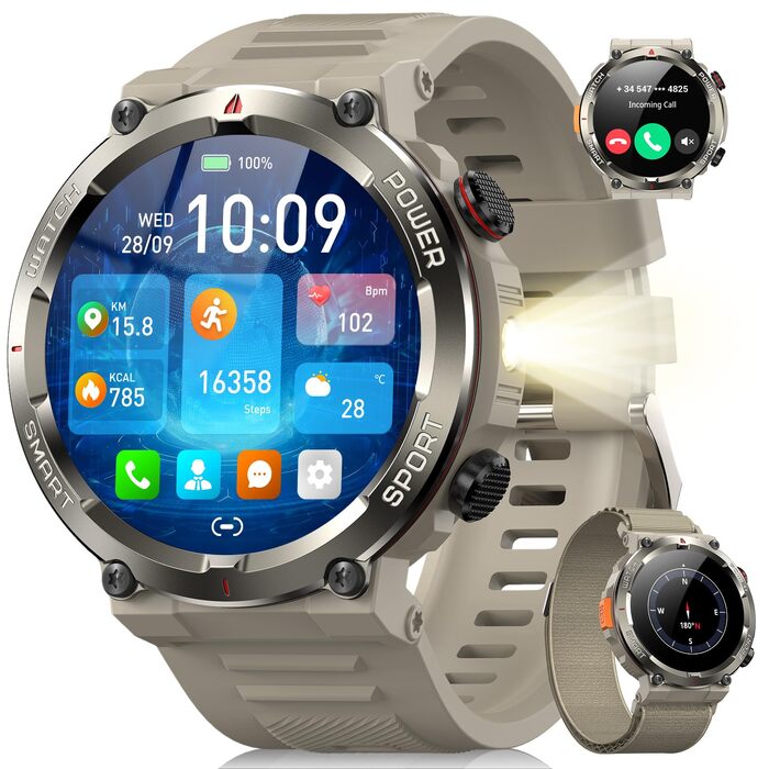 Смарт-годинник Blackview Khaki: IP68, 100 днів роботи, компас, Bluetooth-дзвінки, моніторинг серця та сну, 100+ спортивних режимів, сумісний з Android/iOS