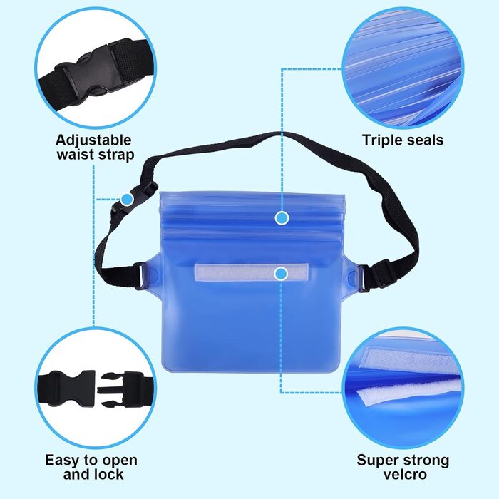 Водонепроникна сумка-чохол на пояс з регульованим ремінцем, IP68, для фото, водного спорту, пляжу, плавання, риболовлі (Чорний + Синій)