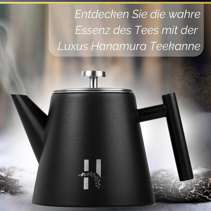 Скляний чайник Hanamura з фільтром, двостінний, чорний, 1000 мл