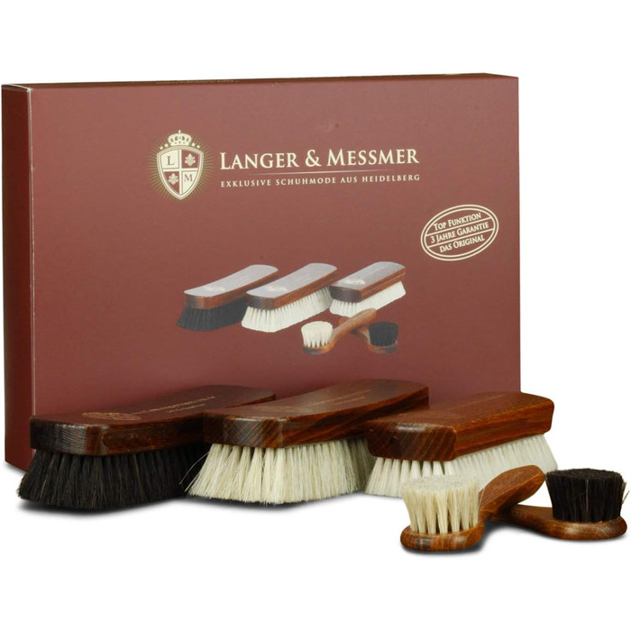 Langer & Messmer 4-Piece Shoe Brush Set made of Horsehair for the professional shoe care of smooth leather shoes - includes polishing brushes and cream brushes (5-piece set, Essential)