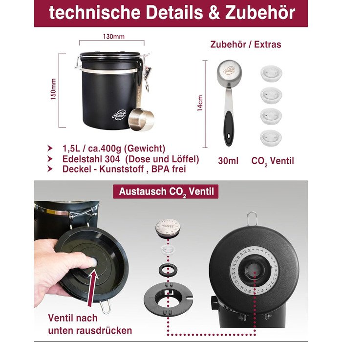 Контейнер для кави Kaffeedose: герметичний, 500г, нержавіюча сталь, 1,5л, з дозатором та календарем, у подарунковій коробці
