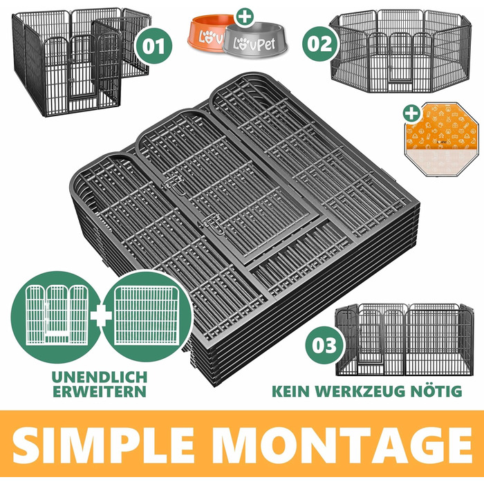 Вольєр для цуценят Freilaufgehege XXL: просторий вольєр для собак, котів, кроликів з дахом та анкерами. 8 секцій по 80x80 см, чорний