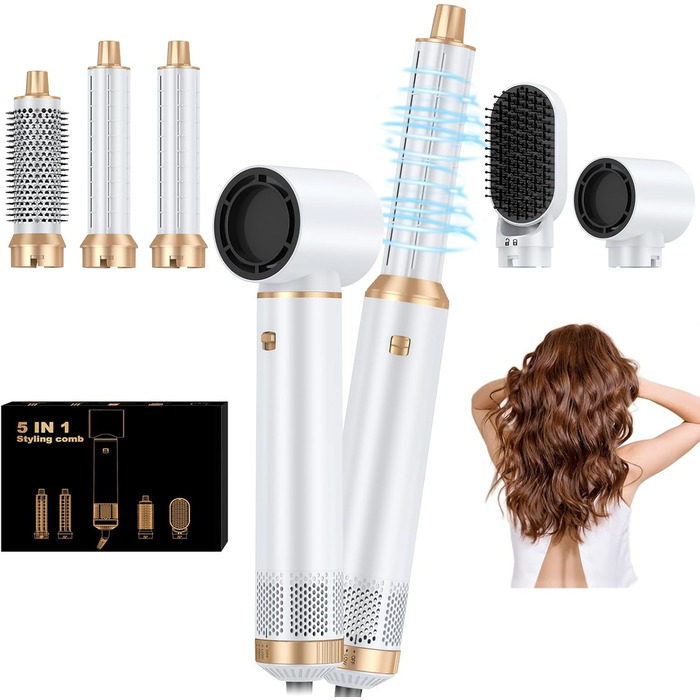 OKWRAP Hair Styler Set 5 в 1: Фен-щітка, плойка для локонів, об'єм, випрямлення. Білий сірий колір