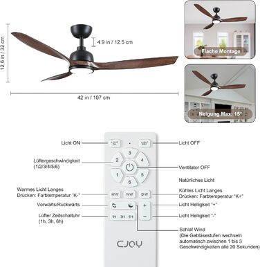 Стеляний вентилятор CJOY з підсвічуванням, 107 см, з пультом керування, тихий, DC, реверсивний, пам'ять 3CCT, диммування, 6 швидкостей, таймер для спальні (132 см - чорне дерево)