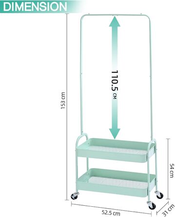 Clothes Rack Coat Stand, Clothes Rail Wheels, Bedroom Clothes Rack, Freestanding Shelf Cart 2 Tier Storage Shelf, Heavy-Duty Rolling Cart Utility Cart Green, WK830503-GN