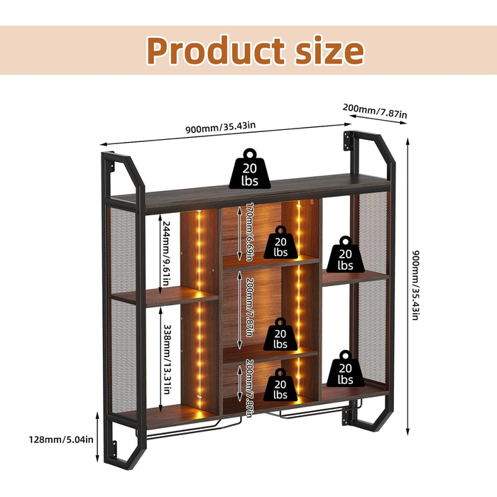 Настінна вітрина для вина з LED-підсвіткою 90x90 см з металу та MDF. Полиці для вин з тримачами для келихів. Регульована полиця для бару, винного підвалу, кухні.