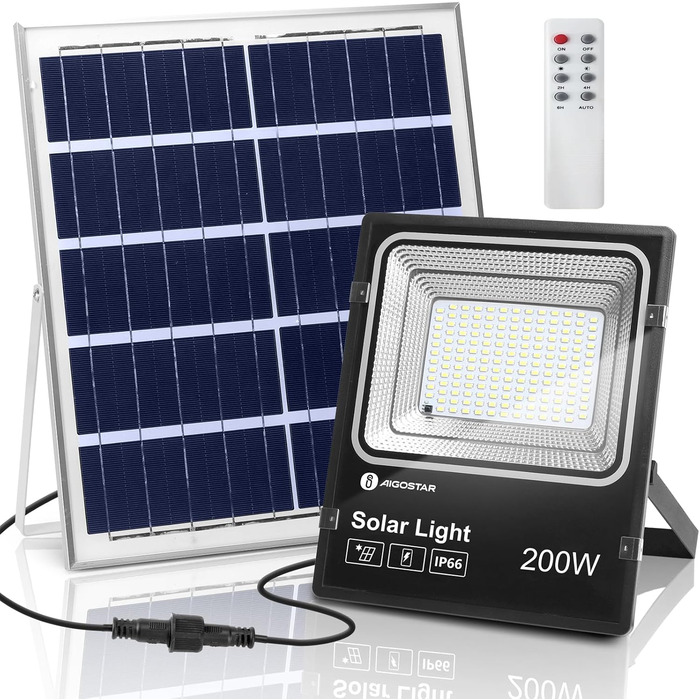 Aigostar Solar Flood Light Outdoor, Super Bright LED Floodlight with Solar Panel, Cool White 6500K, IP66 Protection Rating Solar Floodlight Spotlight Outdoor Floodlight for Garden, Door, Yard, Garage, etc. (200W)