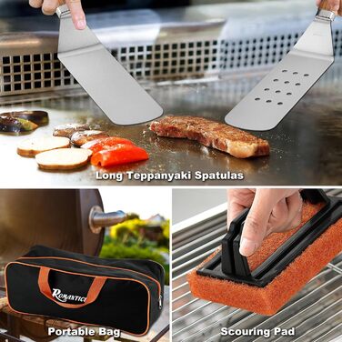Набір аксесуарів для гриля ROMANTICIST 29 шт. – плоска поверхня, набір лопаток Teppanyaki зі скребком, кришка для гриля, гриль-плита для кемпінгу та відпочинку на природі, подарунок на Різдво