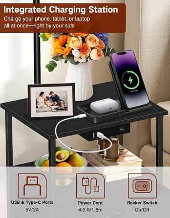 Стельова лампа для вітальні з тумбою та полицею, регульована LED, з пультом, 3 колірні температури, приліжкова тумба з зарядкою та полицею, дерев'яний столик для спальні/офісу (чорний з шухлядами)