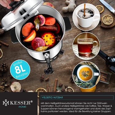 KESSER® Mulled Wine Boiler 8L Stainless Steel Incl. 10 Cups Mulled Wine Cooker with Thermostat Mulled Wine Dispenser Hot Beverage Dispenser Water Boiler Hot Water Dispenser Canning Device Level Indicator Tap Silver