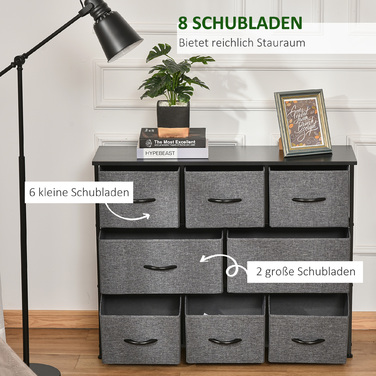 HOMCOM 8-Drawer Fabric Chest of Drawers Storage Cabinet Dresser with Handles, Metal Frame, Modern Design Closet for Bedroom, Living Room Dark Grey | Aosom