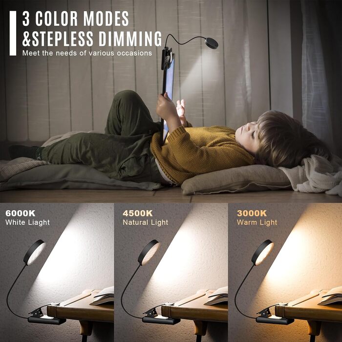 Ліхтарик для читання LQWELL на шию, LED, 3 кольори/яскравості, гнучкий, акумуляторний, для читання, рукоділля (чорний, комплект 3 шт)