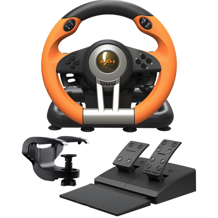 PXN V3 Pro - Геймерське кермо з педалями, 180°, вібрація, перемикач передач, paddle shift, для PC, PS4, PS3, Xbox, N Switch (Orange)