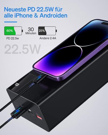 Power Bank 50000mAh: Портативний зарядний пристрій з великою ємністю 2×25000mAh, швидка зарядка 22,5W, ліхтарик, чорний