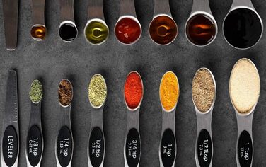 Набір магнітних мірних ложок 7 шт. з нержавіючої сталі, двосторонні чайні та столові ложки для сухих та рідких інгредієнтів, чорні