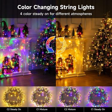 WOWDSGN Льохотна гірлянда для зовнішнього використання 20м, 2-в-1 LED гірлянда (Тепле біле & Класичне кольорове), сертифікований штекер GS, 11 режимів, пульт дистанційного керування та таймер, IP44 вологостійка різдвяна прикраса для саду, балкону, тепле б