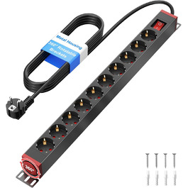 Мережевий фільтр 10 розеток з захистом від перенапруги, з вимикачем та поворотними кріпленнями, чорний, металевий корпус