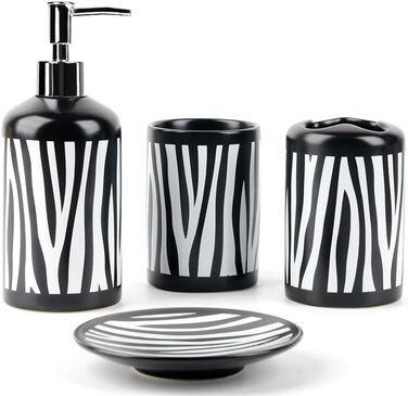 WPM 4-Piece Ceramic Bathroom Accessories Set – our complete bathroom decor set includes a designer soap dispenser or lotion dispenser, toothbrush holder, cup, and soap dish (Black, White)