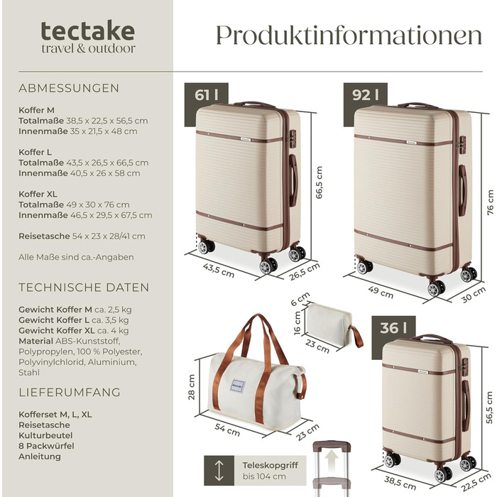 Набір валіз Tectake® 13 предметів: валіза, сумка, ролери, 3 великі валізи з TSA замком (кремовий)