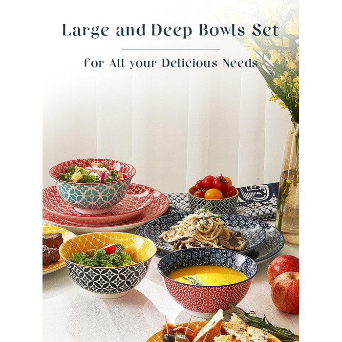 Набір тарілок для мюслі DOWAN (6 шт.), 680 мл, діаметр 15,2 см, кольорові, великі, набір тарілок для вечері, Різдва, супу, салату, кукурудзяних пластівців, з квітковим візерунком