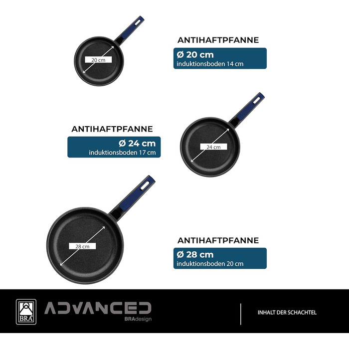 Набір сковорідок BRA Advanced з антипригарним покриттям (20, 24, 28 см), з алюмінію, PFOA-free, для індукційних плит