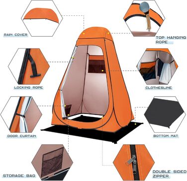 Brian & Dany Pop Up Camping Shower Tent - Portable Changing Tent with Rainfly & Windows - Outdoor Privacy Shelter - UPF 50+ Waterproof - Green/Orange