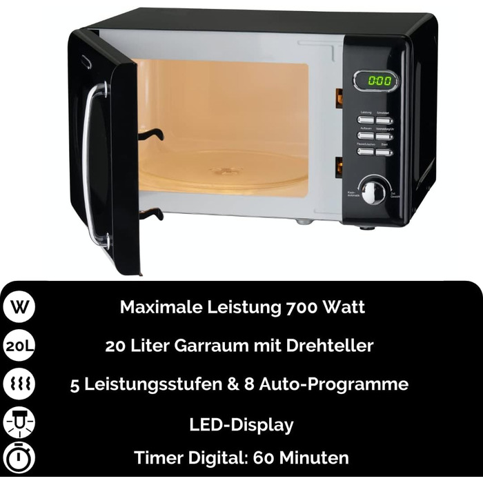 Мікрохвильова піч Wolkenstein Retro WMW720 I 700W, 20L, 5 рівнів потужності, 8 програм, розморожування, LED-дисплей, чорний