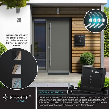 Поштова скринька KESSER® з газетним відділенням, іменним шильдиком, оглядовим вікном, нержавіюча сталь, чорний матовий, 3 ключі, настінний монтаж, велика, з матеріалом для кріплення