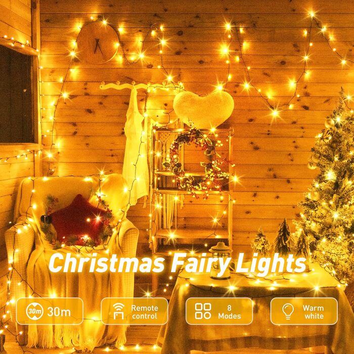 Ланцюжок прикрас 30м, 300 LED - гірлянда світлодіодна для дому та саду, 8 режимів, пульт, таймер, IP44, тепле світло, для вечірки, саду, весілля