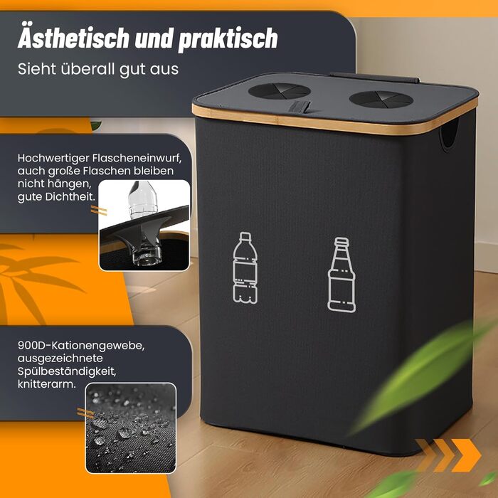160L Laundry Basket with 2 Compartments, Deposit Bottle Collection Container with Lid, Container for Deposit Bottles & Glass & Paper Waste Collection, Deposit Bottle Container Bamboo with Bag, must have