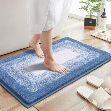 Super Soft Microfiber Bath Mat - Absorbent Non-Slip Bathroom Rug - Washable Shower Mat - 60x90cm Blue