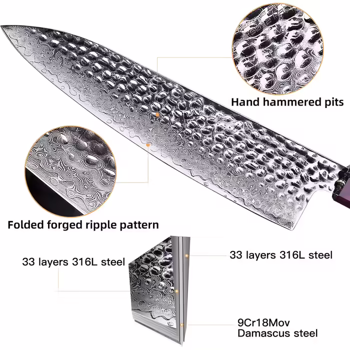 FINDKING Eternity Series Japanese Chef's Knife with ABS Sheath, Professional Kitchen Knife, 9Cr18MoV Damascus Steel Blade, Resin Octagonal Handle, Sharp, for Cutting Meat, 8 Inch/21CM