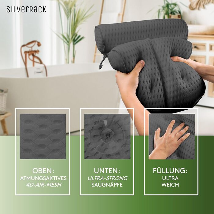 SilverRack Bathtub Pillow MEDIUM-SOFT [White 4D] - Neck Pillow for Bathtub with Suction Cups as Bathtub Accessory - Pillow for Bathtub - Bath Pillow with Ergonomic Fit (Z 1 Dark Grey)